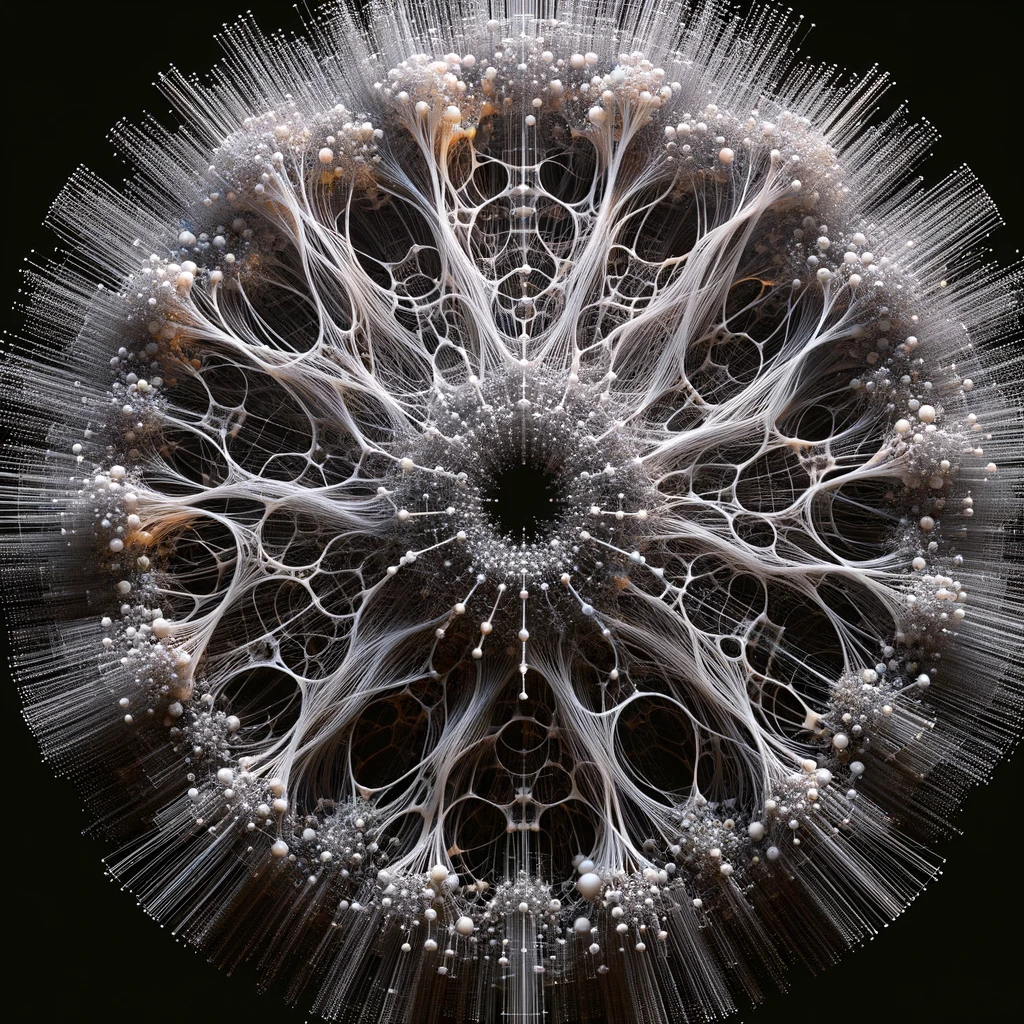 DALL·E 2024-02-08 21.51.08 - Refine the visualization of the organic network by introducing more randomness into the arrangement of the ultra-thin fibers and the minuscule nodes. .webp